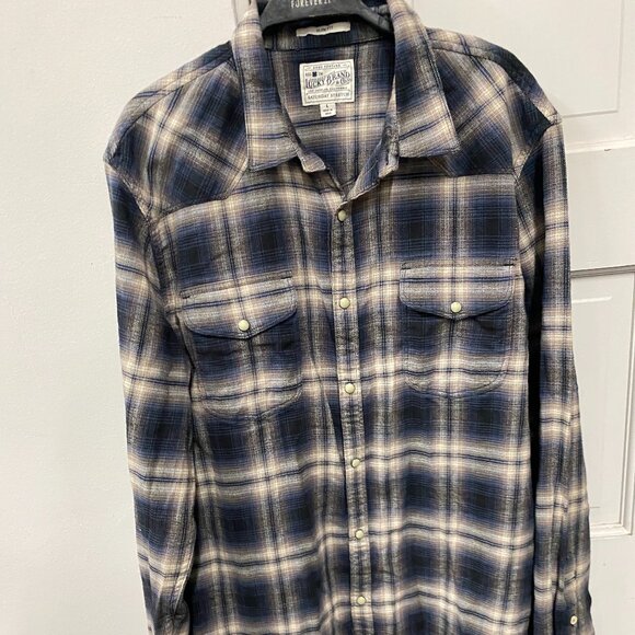 Lucky Brand Flannel Shirt Mens L Plaid Pearl Snap Slim Fit - Picture 2 of 7